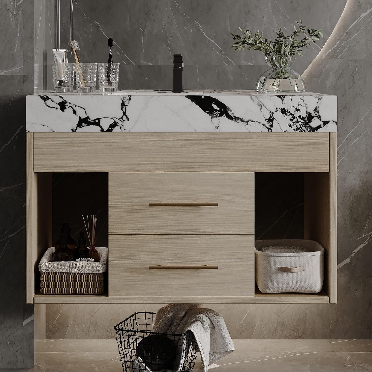 30' Bathroom Vanity with Sink Set, Modern Oak Wall Mounted Bathroom Vanity Cabinet with Sintered Stone Top&Gold Handle 2 Drawers&2 Open Storage, Single Sink Floating Bathroom Vanity