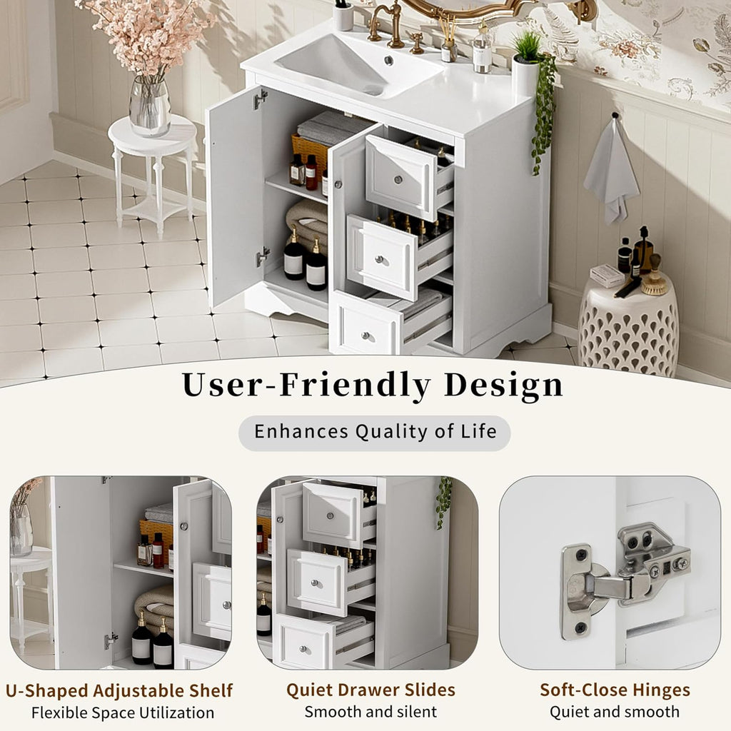 36 Inch Bathroom Vanity with Sink Set Combo Freestanding Cabinet Ceramic Top Freestanding Left Offset Basin 2 Soft Close Doors 3 Drawers White
