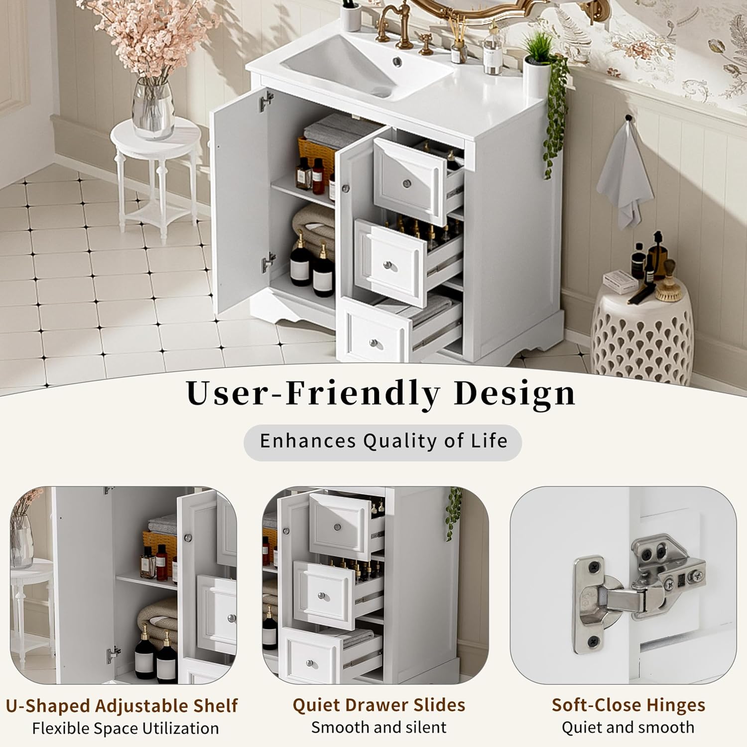 36 Inch Bathroom Vanity with Sink Set Combo Freestanding Cabinet Ceramic Top Freestanding Left Offset Basin 2 Soft Close Doors 3 Drawers White