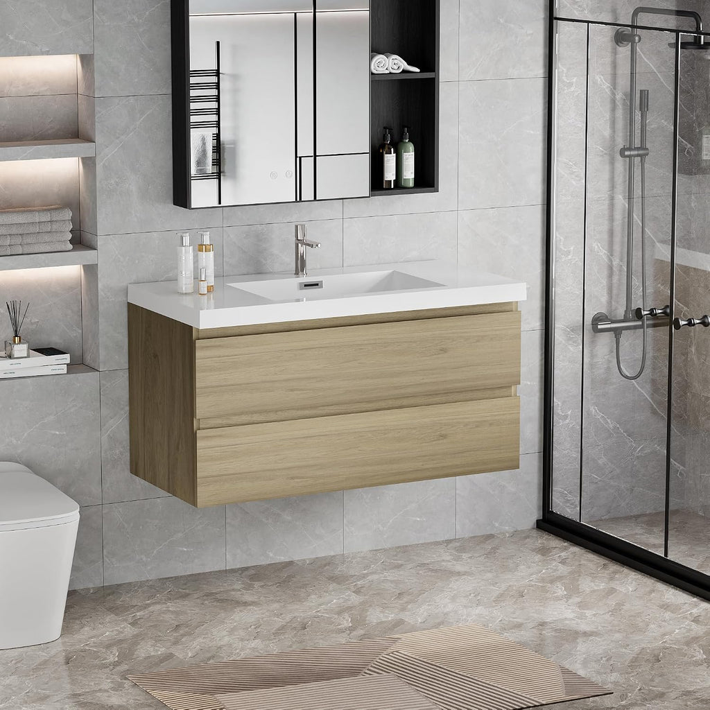 42' Floating Bathroom Vanity with Sink, Modern Wall Mounted Bathroom Storage Vanity Cabinet with Resin Top Basin and Soft Close Drawers, Natural Oak 24V11 42NO