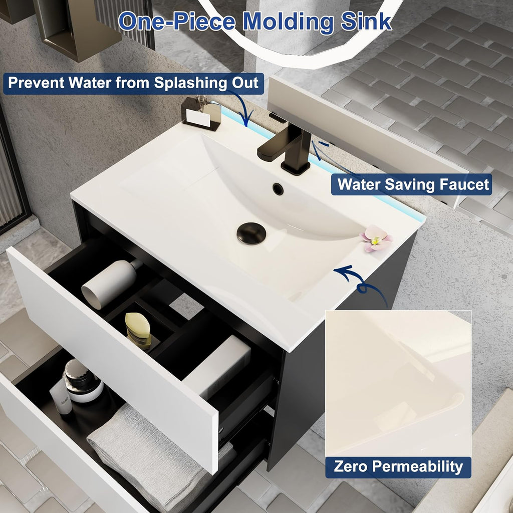 eclife 24' Bathroom Vanity Cabinet with Undermount White Sink Combo, Wall Mounted Floating Bathroom Cabinet with Colors Mixed Style, 2 Big Drawers & Matte Black Faucet