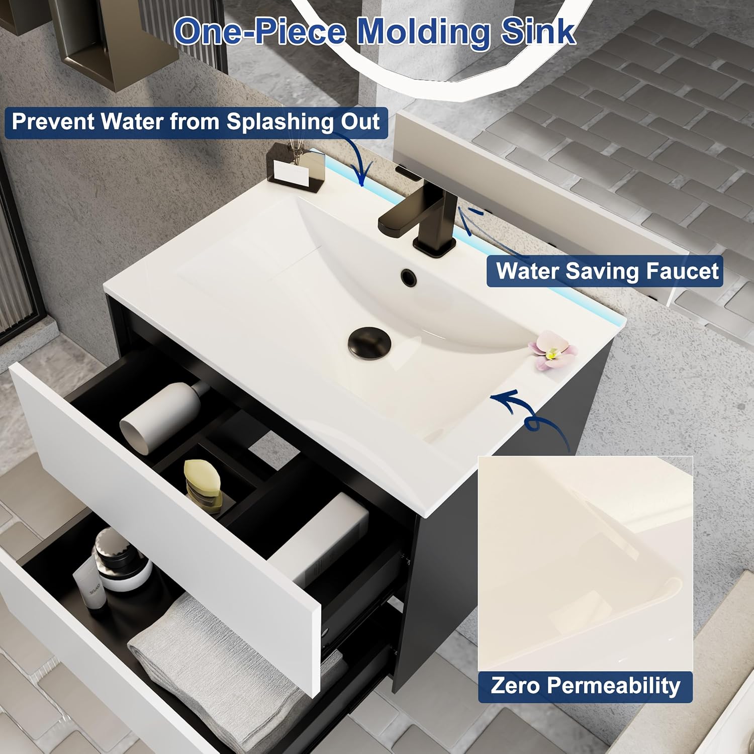 eclife 24' Bathroom Vanity Cabinet with Undermount White Sink Combo, Wall Mounted Floating Bathroom Cabinet with Colors Mixed Style, 2 Big Drawers & Matte Black Faucet