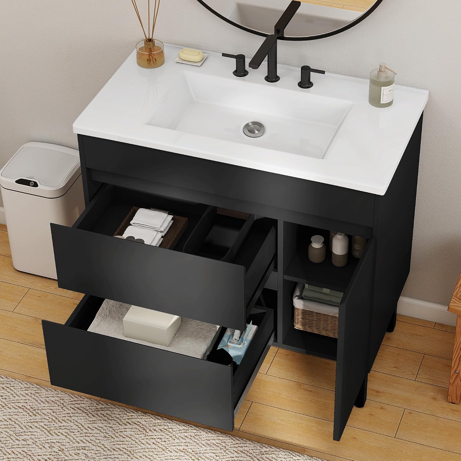 YITAHOME 36 Inch Bathroom Vanity with Sink, Bathroom Cabinet Vanity for Media Space, Freestanding Storage Bathroom Vanity with 1 Soft Closing Cabinet & 2 Drawers