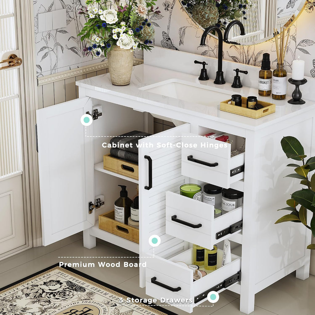 42' White Single Sink Bathroom Vanity with Top and Sink, Freestanding Modern Bath Storage Cabinet with Quartz Countertop, 3 Drawers, Soft Closing Louvered Doors, Pre-Assembled