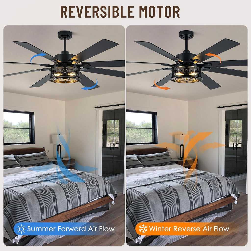 72 Inch Ceiling Fans with Lights, 6 Speed Reversible Quiet DC Motor 8 Dual Finish Wood Blades,Black Caged Rustic Large Industrial Ceiling Fans for Living Room Bedroom Patio,Indoor and Outdoor