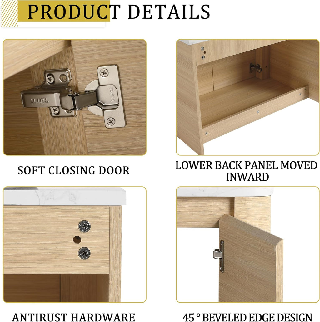 30 Inch Wall-Mounted Bathroom Vanity with Sink Combo Modern Floating Bathroom Vanitites with Round Ceramic Vessel Sink 30' Bathroom Sink Cabinet with Marble Counter Top & Soft Closing Door