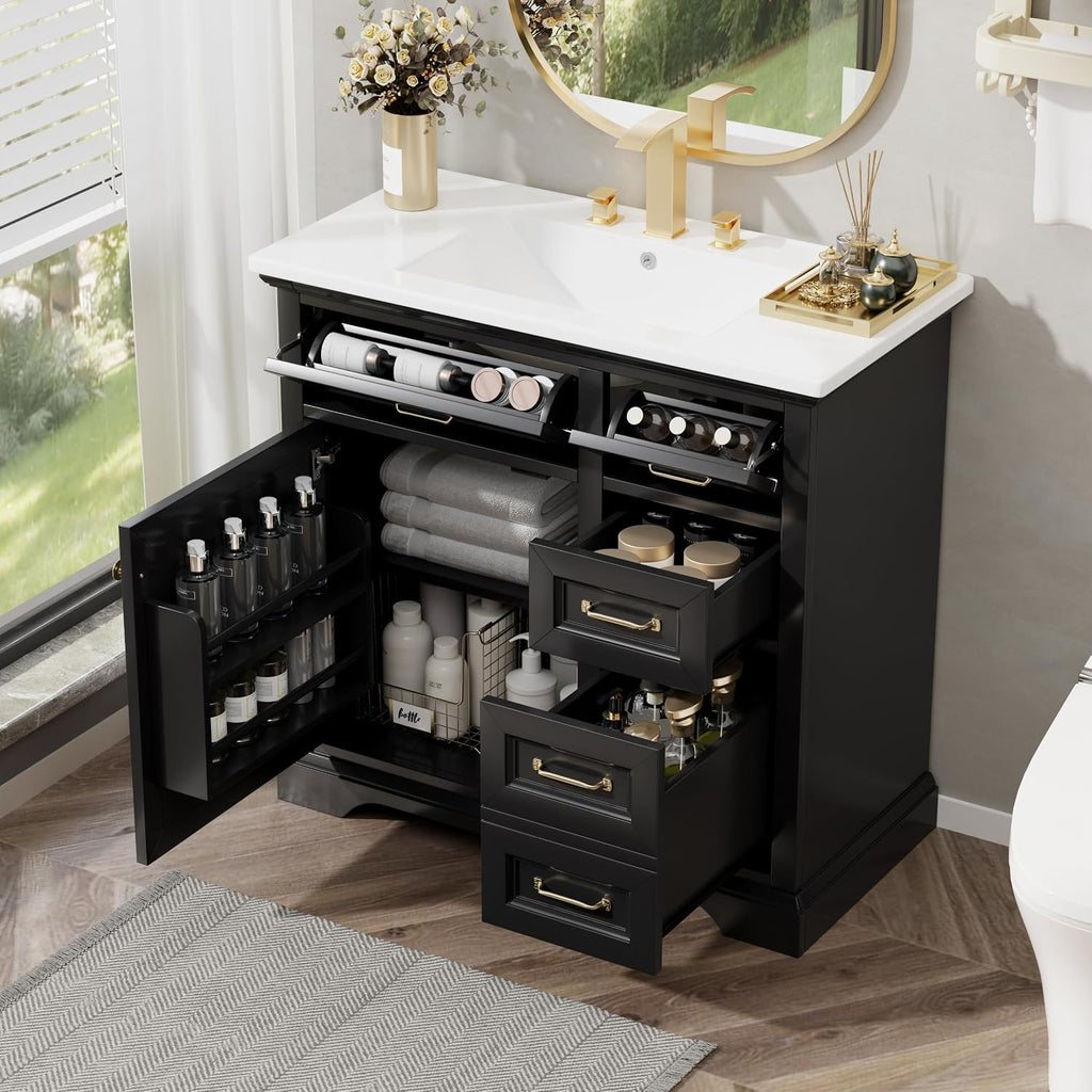 36' Bathroom Vanities Cabinet with Ceramic Sink Set Combo, Tip-Out Drawers, Storage Organizer Door Shelf, Soft-Closing Door, Black
