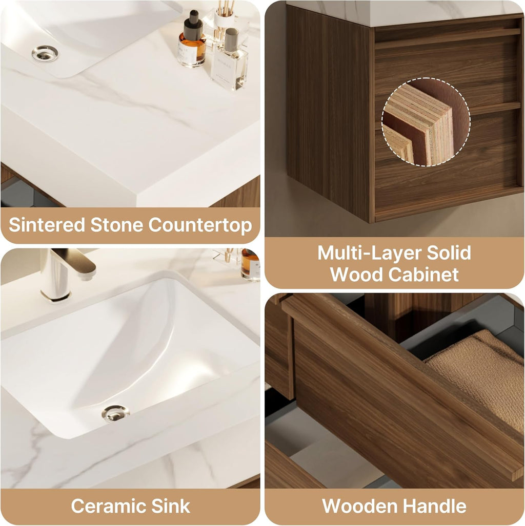 36 Inch Floating Bathroom Vanity with Sink Combo, Modern Sintered Stone Top Wood Bathroom Storage Cabinet, Ceramic Single Sink Vanity, Pre-Assembled with Drawers