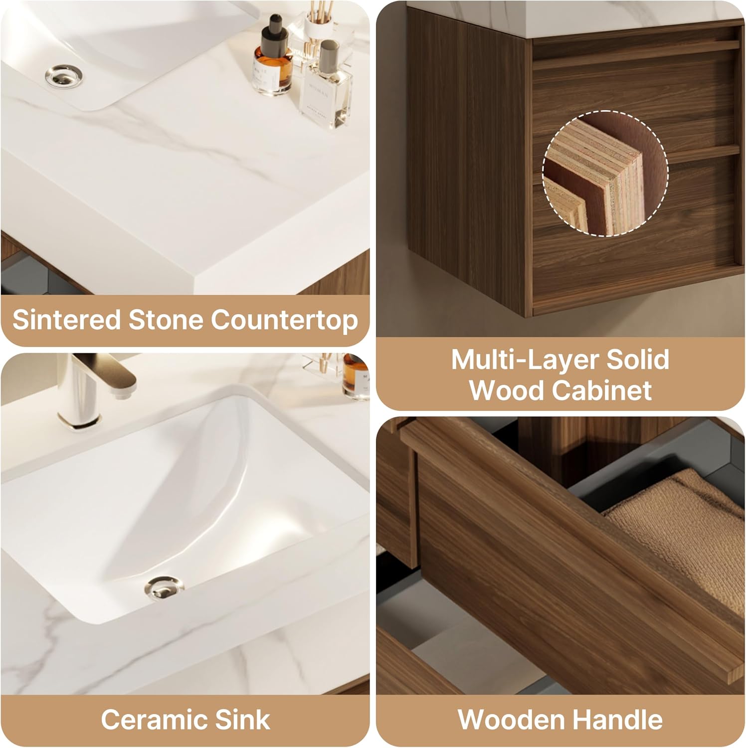 36 Inch Floating Bathroom Vanity with Sink Combo, Modern Sintered Stone Top Wood Bathroom Storage Cabinet, Ceramic Single Sink Vanity, Pre-Assembled with Drawers