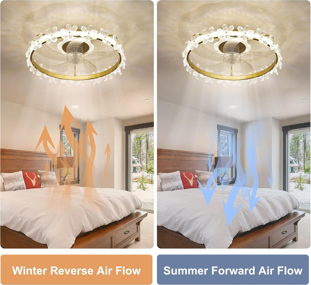 22'' Gold Crystal Ceiling Fan with Lights and Remote Control,Dimmable LED and Reversible Motor,Crystal Flower Fandelier Ceiling Fan with Light for Kids Room/Daughter's Room/Girls Bedroom