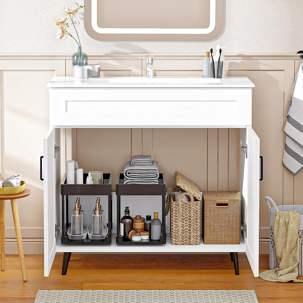 36 Inch Bathroom Vanity with Ceramic Sink - Modern Farmhouse Style Sink Cabinet, Easy Tool-Free Installation, for Bathroom Remodel and Upgrade (White)