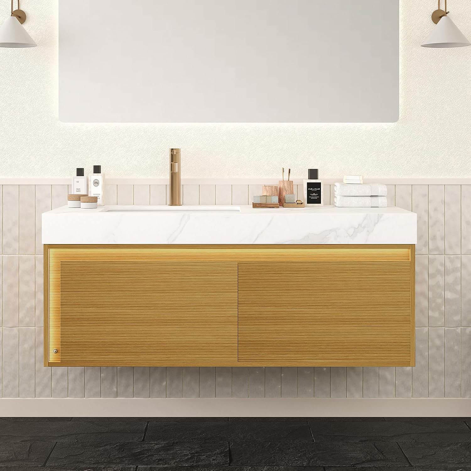 Eleshine 48' Floating Bathroom Vanity with Single Sink, Wall Mounted Cabinet with Sensor LED Light, Soft Close Drawer, Fluted Design, Carrara White Top, Light Oak, Pre-Assembled