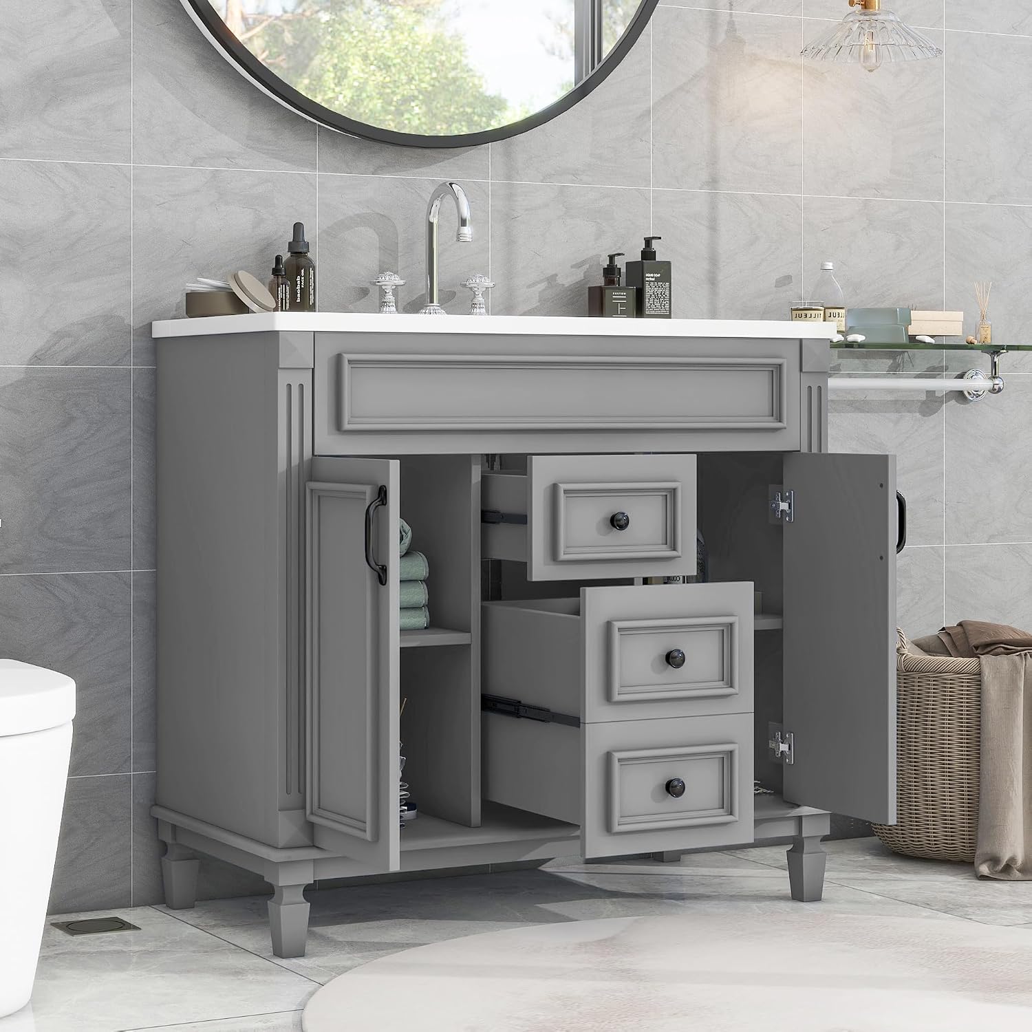 Linique 36' Bathroom Vanity with Top Sink,Bathroom Storage Cabinet with 2 Soft Closing Doors and 3 Storage Drawers,Modern Single Sink Bathroom Vanity(Gray)