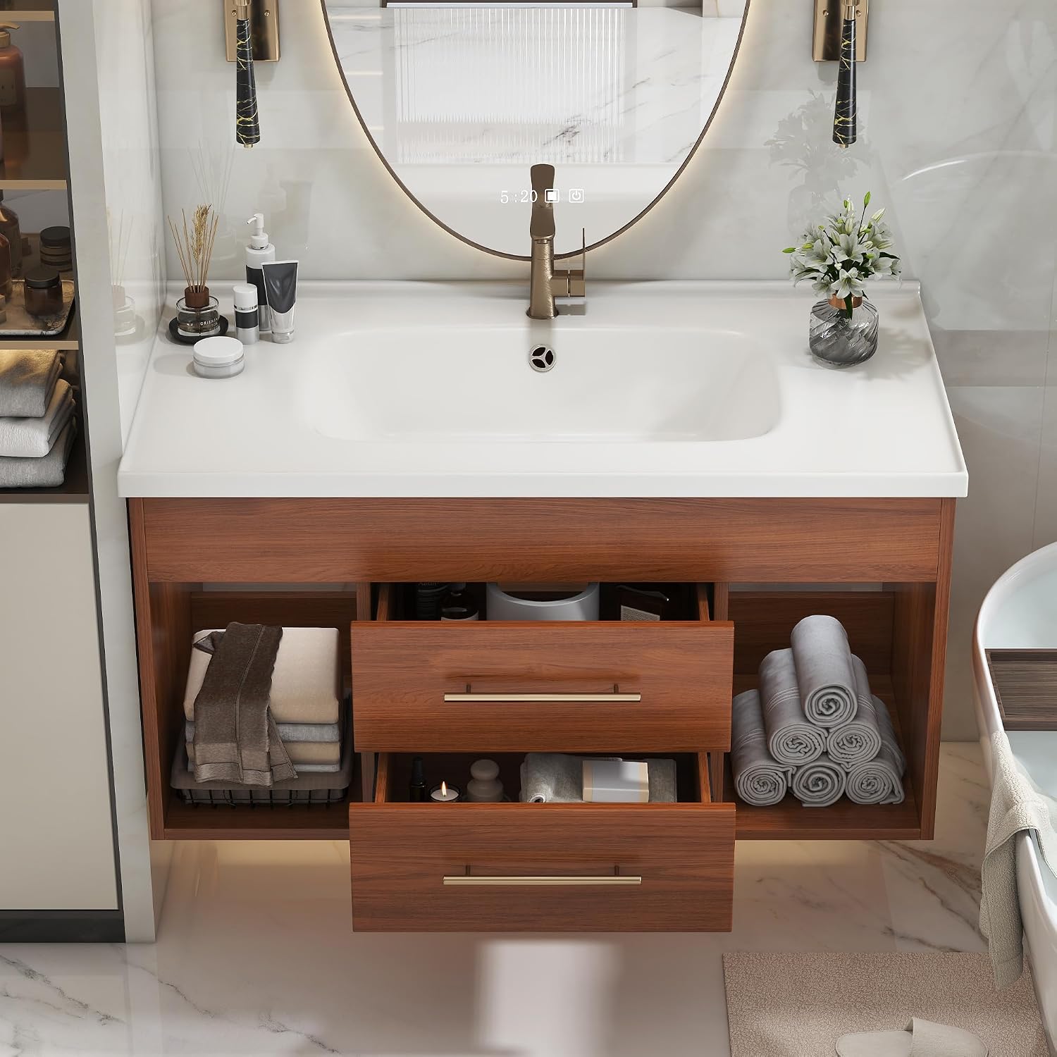 36' Floating Bathroom Vanity with Single Sink, Modern Wall Mounted Bathroom Vanities with Ceramic Basin, Wood Bathroom Vanity Cabinet with 2 Drawers and 2 Open Cabinets, Walnut