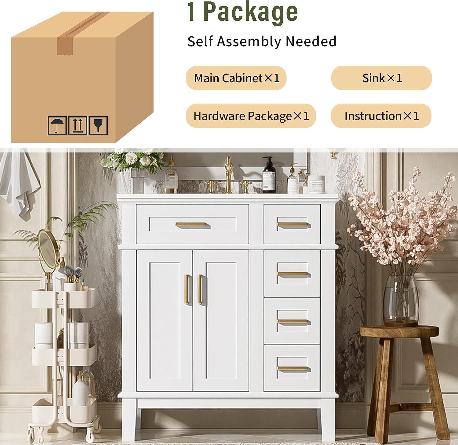 Harper & Bright Designs 30' Bathroom Vanity with Sink, Free Standing Single Basin Vanity Set with 2 Drawers, and Soft-Close Doors, Wood Bathroom Cabinet with Ceramic Basin for Bathroom, White