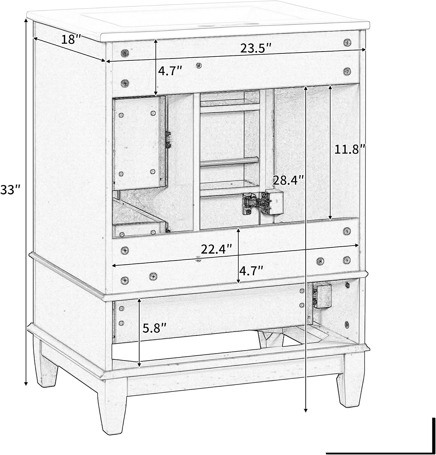24' Modern Freestanding Bathroom Vanity with Ceramic Sink Top, 3 Drawers & Storage Shelves - MDF & Solid Wood Base