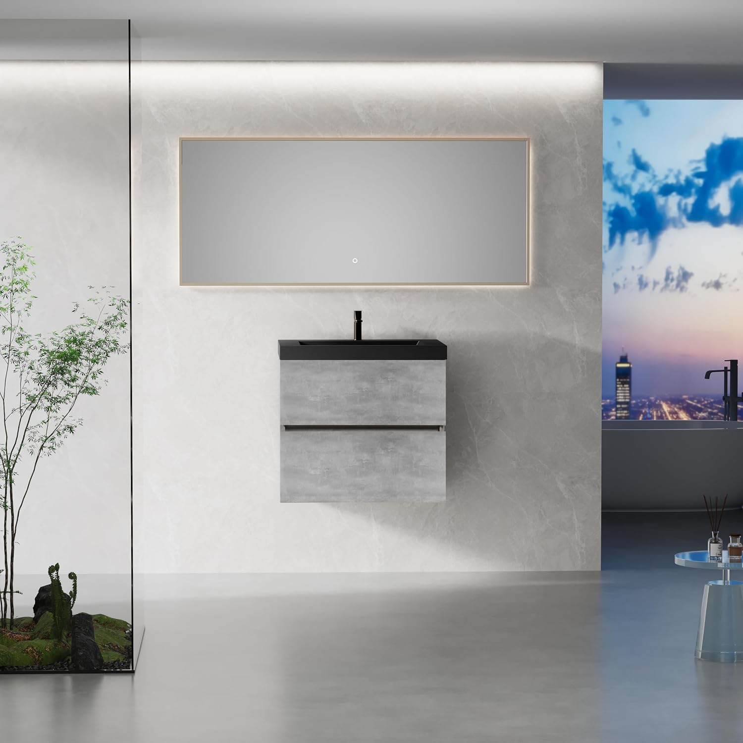 24' Floating Bathroom Vanity with Sink, Modern Wall-Mounted Bathroom Storage Vanity Cabinet with Black Quartz Sand Top Basin and Soft Close Drawers
