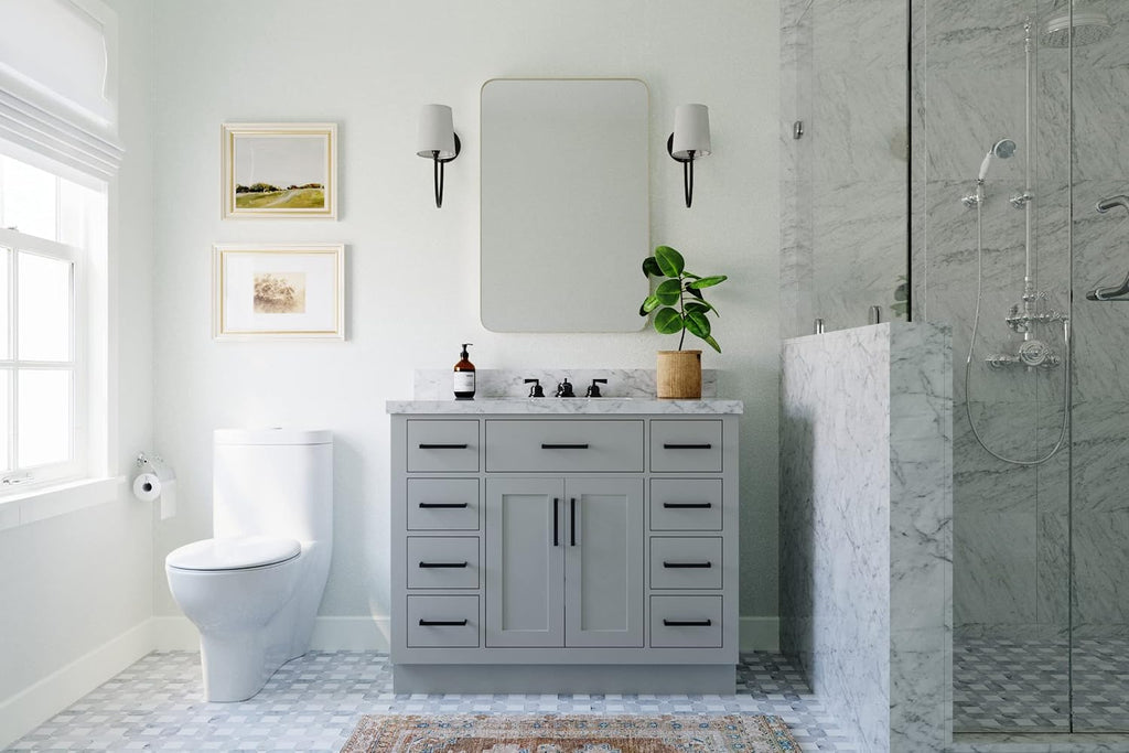 ARIEL Hepburn 42' Gray Single Bathroom Vanity with Sink, 1.5' Edge Italian Carrara Marble Top, Solid Wood Frame, Rectangular Undermount Sink, 2 Soft Closing Doors, 9 Dovetail Drawers