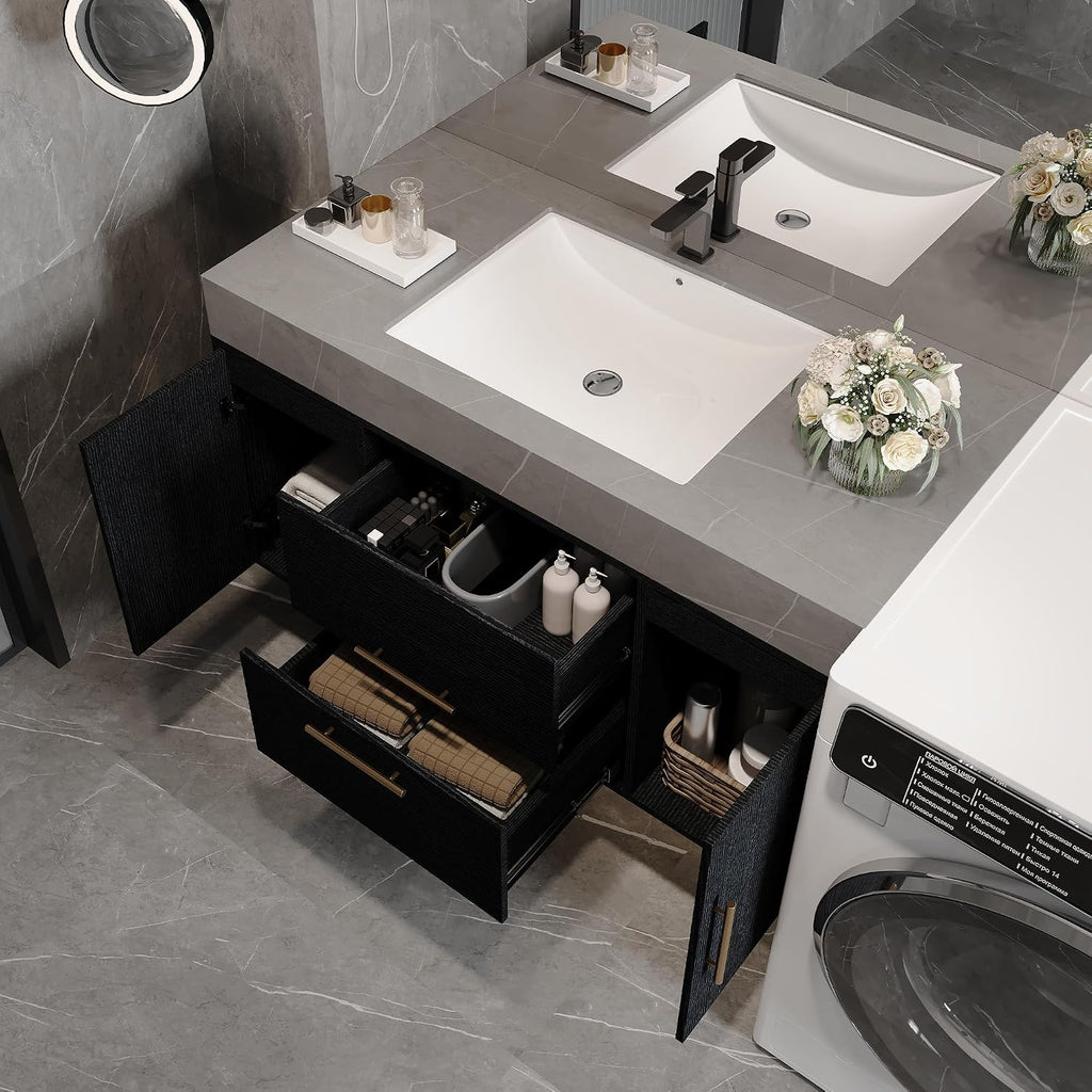 40' Bathroom Vanity with Sink Set, Modern Wall Mounted Bathroom Vanity Cabinet with Ceramic Sink,Gold Handle 2 Drawers&2 Storage Cabinets, Single Sink Floating Bathroom Vanity, Black Grey