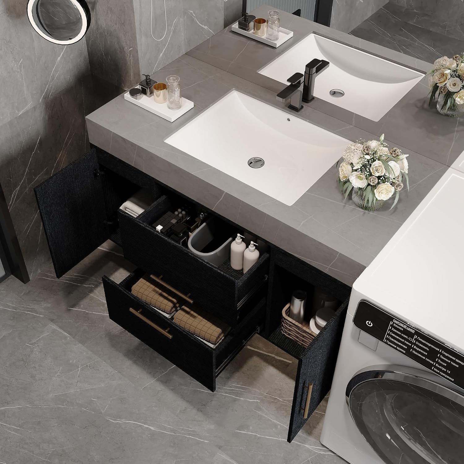 40' Bathroom Vanity with Sink Set, Modern Wall Mounted Bathroom Vanity Cabinet with Ceramic Sink,Gold Handle 2 Drawers&2 Storage Cabinets, Single Sink Floating Bathroom Vanity, Black Grey