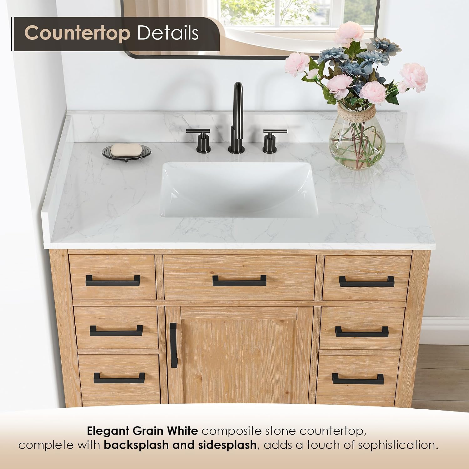 ALTAIR 42 Bathroom Vanity with Top and Sink Mordern Pedestal Single Vanities Light Brown Large Storge Cabinet with Ceramic Countertop Sidesplash and Backsplash Included Pre-Assembled