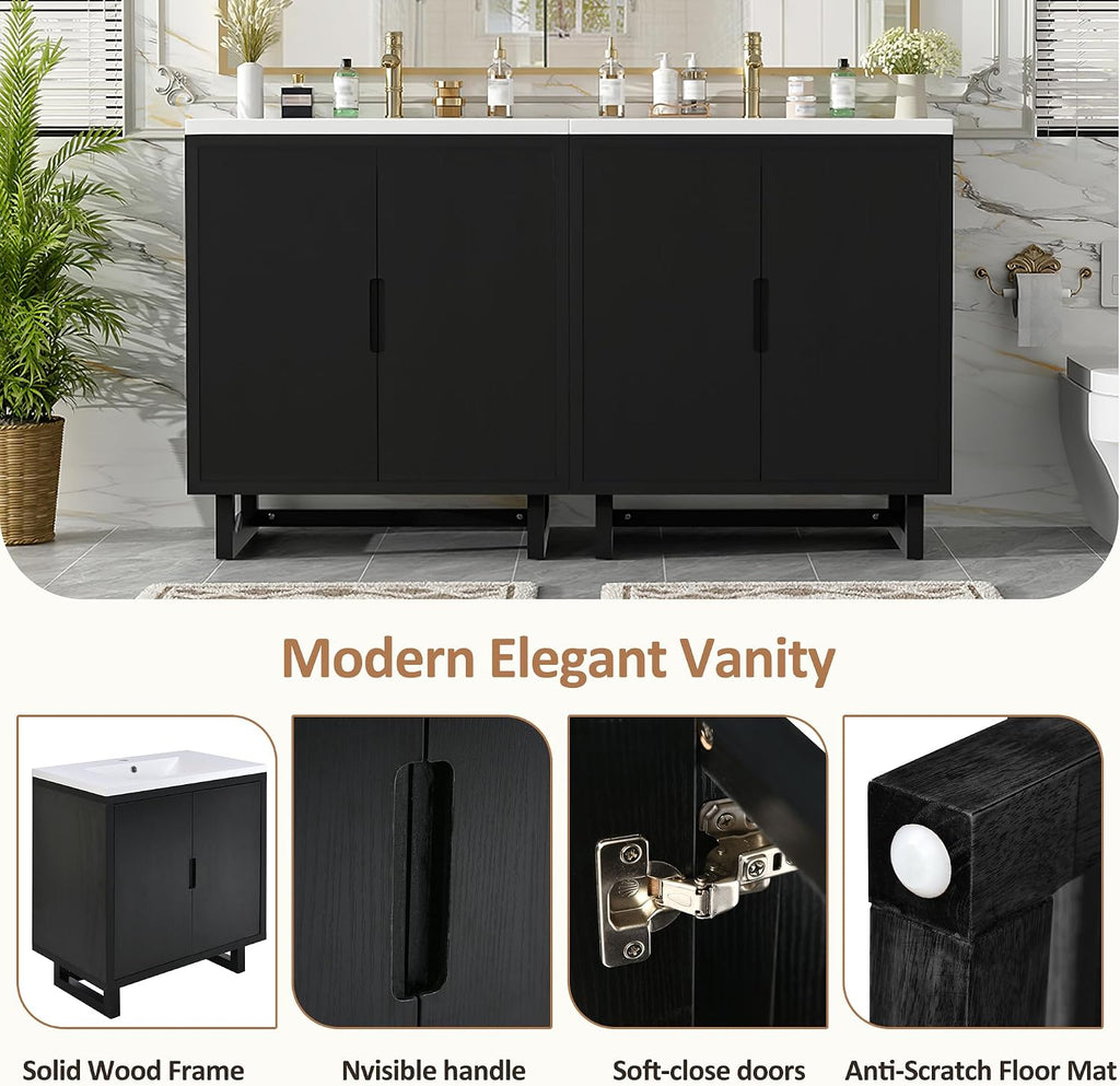 Harper & Bright Designs 60' Bathroom Vanity Set with Double Sink, Free Standing Single Basin Vanity Set with 2 Soft-Close Doors, Vintage Style Storage Cabinet with Resin Basin for Bathroom, Black