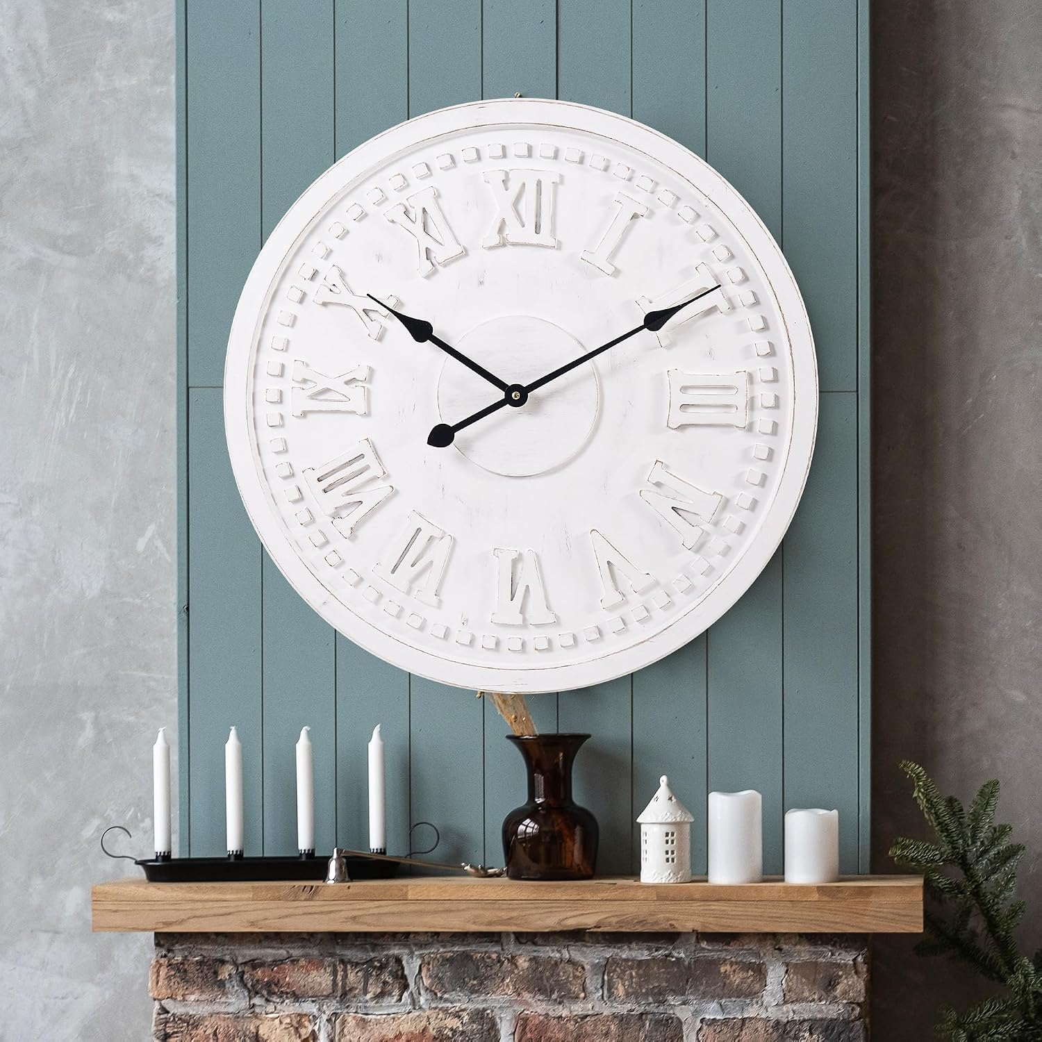 Vintage Wall Clock with Roman Numerals – 24', 30', 36' – Quartz Movement, Black Hands, Distressed Finish, MDF Wood Veneer – Elegant Home Decor