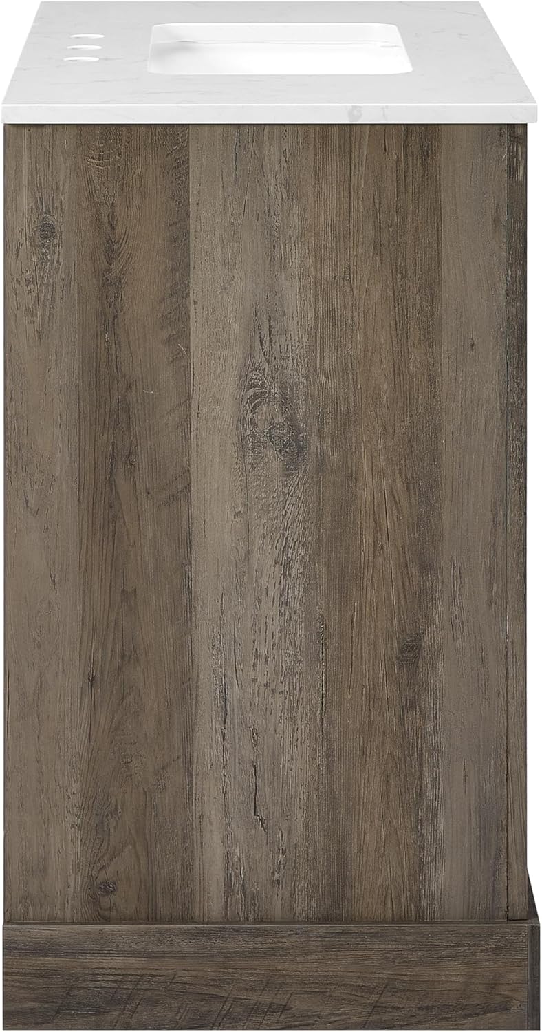 Mia Brown Grey Oak Wood 36-Inch Single Bathroom Vanity with Sink, Double Shaker Door Cabinet, Adjustable Shelf, Matte Black Handles, Pre-Drilled Marbled White Stone Top, Freestanding, Fully Assembled