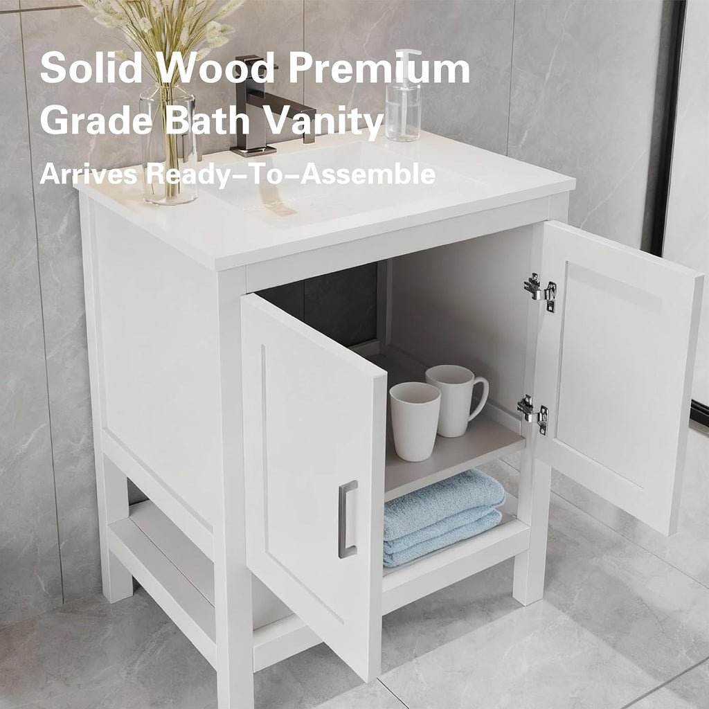 36' Bathroom Vanity Base – Freestanding Solid Wood Cabinet with Open Shelf, Soft-Close Doors, Sink Base Cabinet Only (White, No Top)