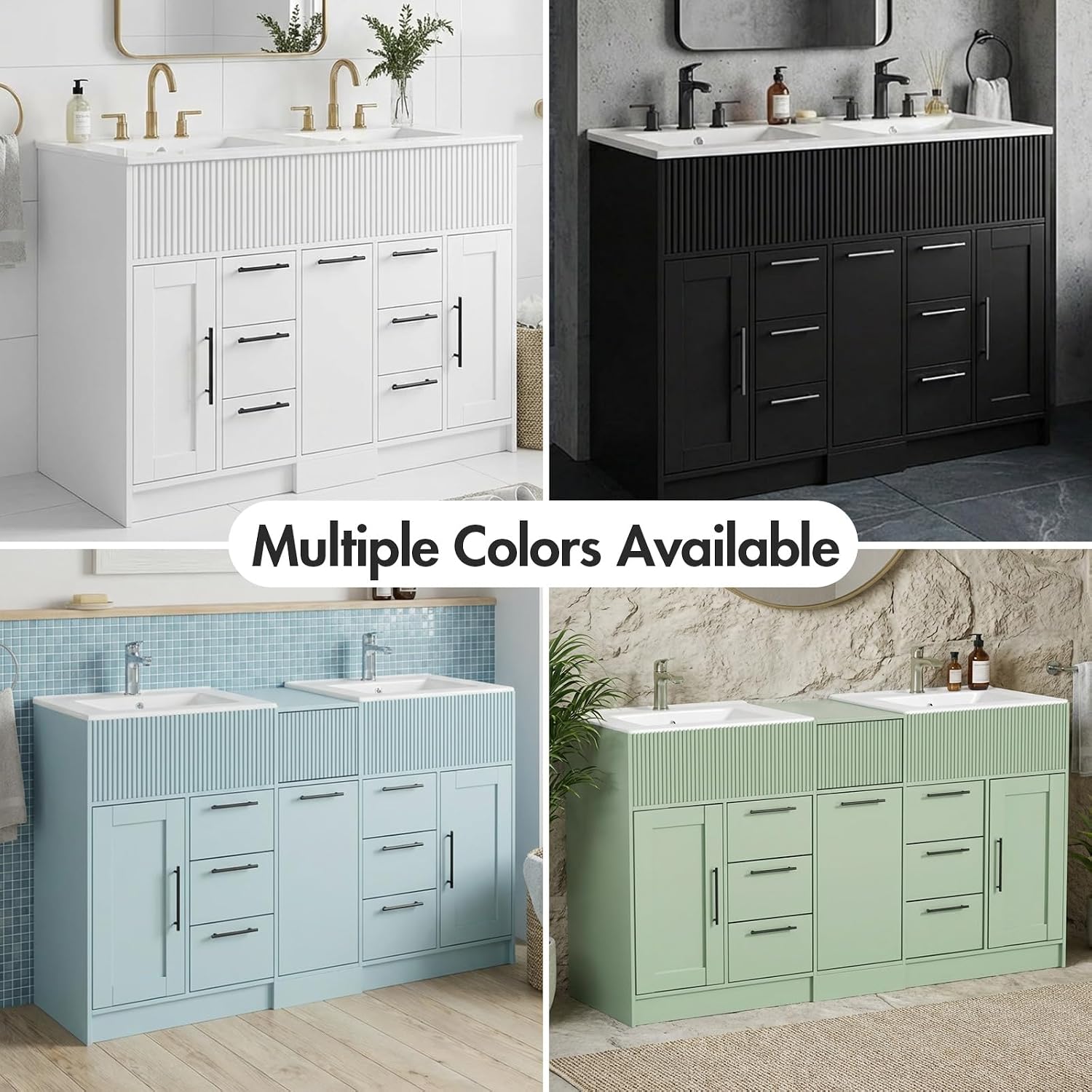 Kikihouse 60 Inch Bathroom Vanity with Double-Sink, Freestanding Modern Bathroom Vanity Cabinet with Ceramic Basin, Storage Organizer with 7 Drawers, for for Spacious Bathrooms (Black, 60 inch)