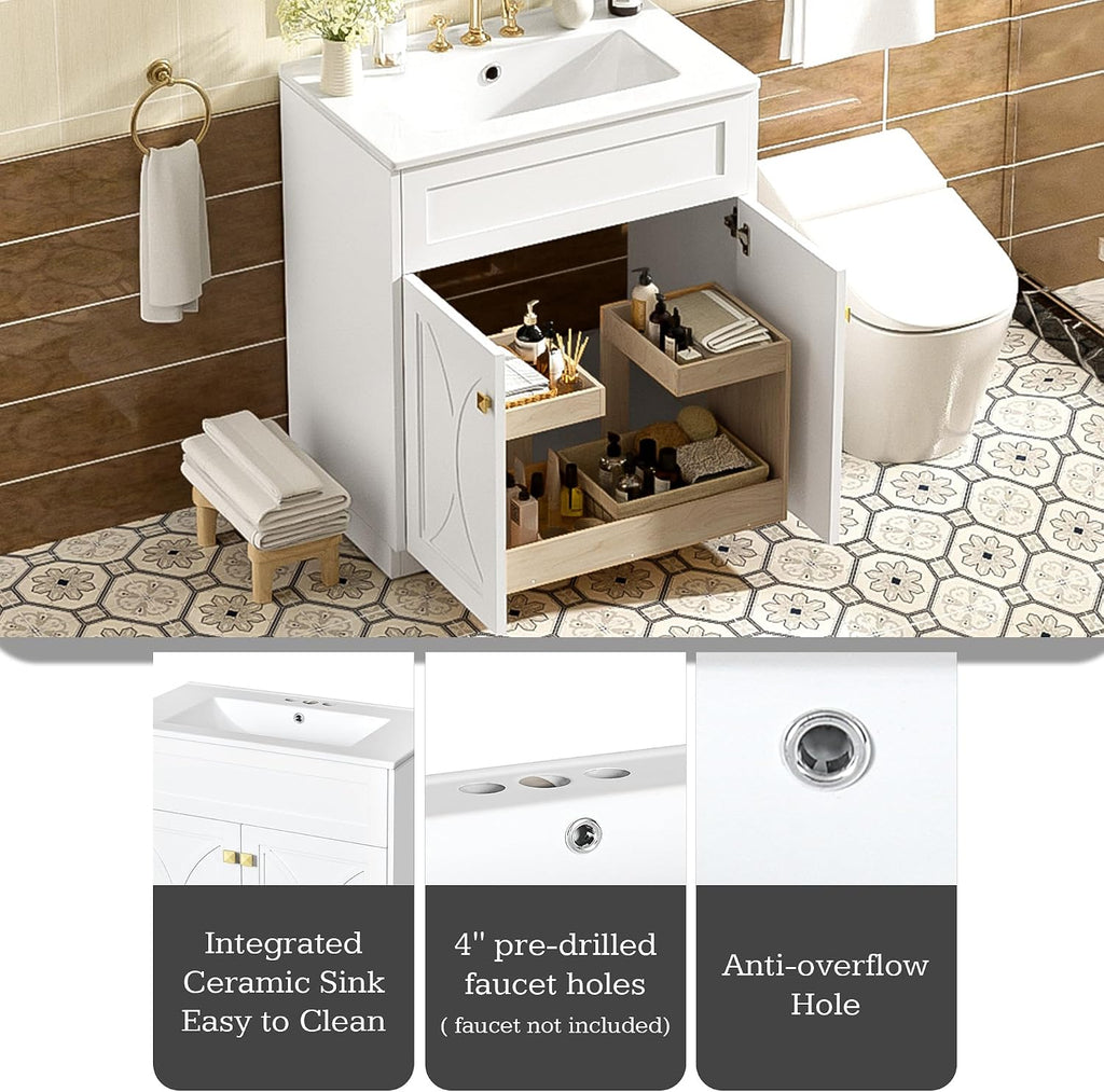 30 Inch White Bathroom Vanity with Sink,Modern Freestanding Bathroom Vanity with Storage Rack,Intergrated Countertop,Gold Handles,Elegant Soft Closing Doors(Ceramic Sink)