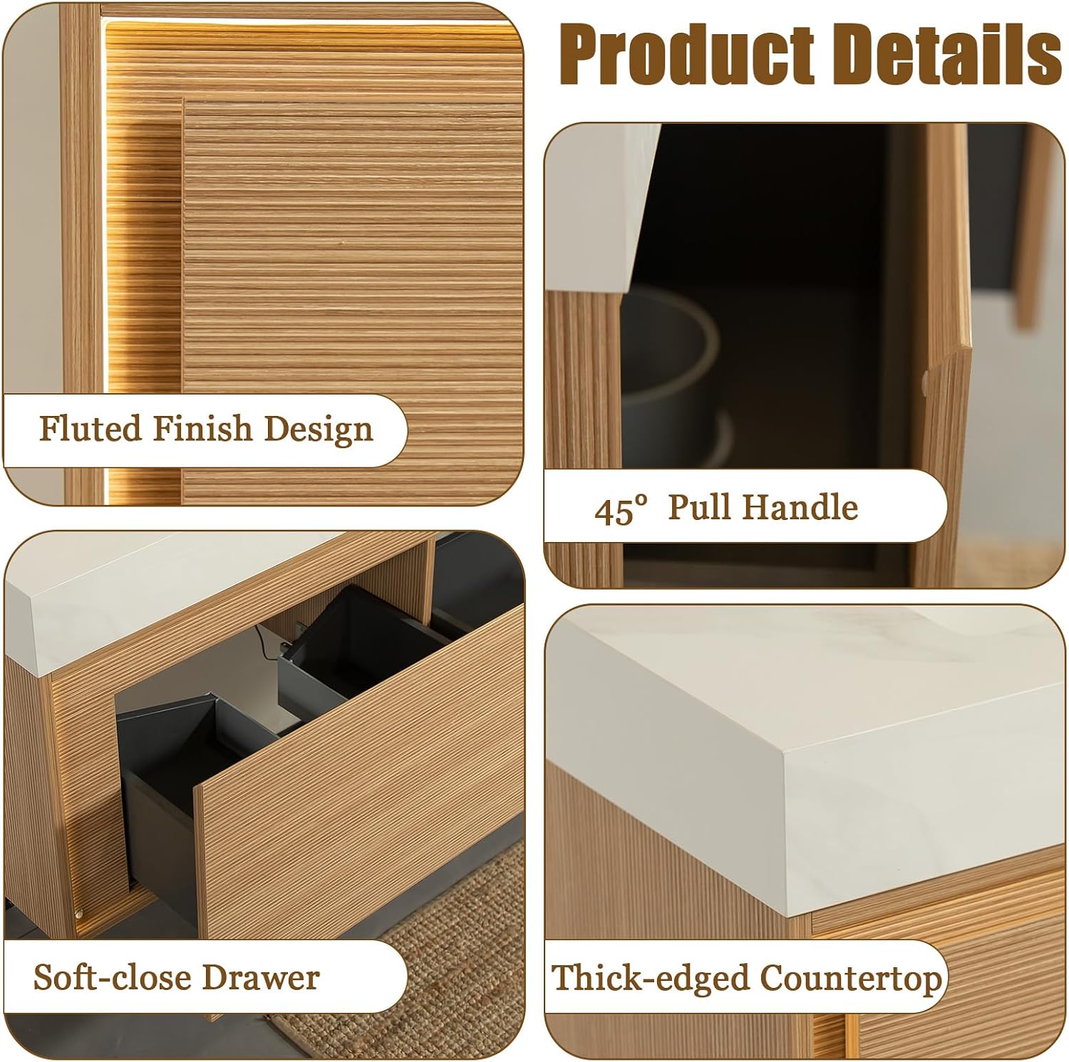Eleshine 48' Floating Bathroom Vanity with Single Sink, Wall Mounted Cabinet with Sensor LED Light, Soft Close Drawer, Fluted Design, Carrara White Top, Light Oak, Pre-Assembled