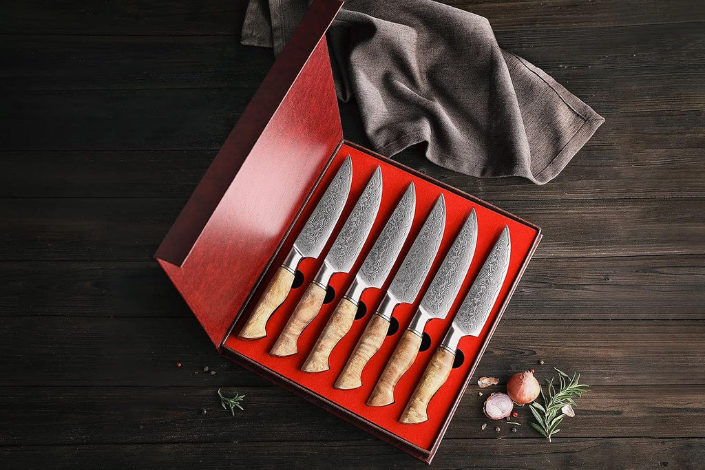 HEZHEN 6PCS Kitchen Knife Set Professional Forged Damascus High Carbon Steel Steak Knife Figured Sycamore Wood Handle-Porcelain Gift Package