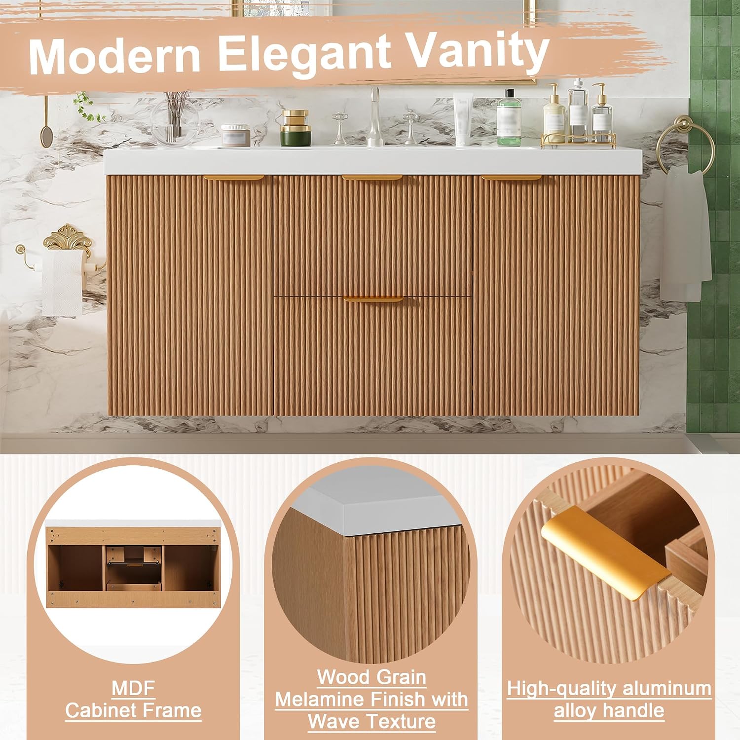 48'' Floating Bathroom Vanity with Sink, Painted Surface Wall Mounted Bathroom Vanity Cabinet, Soft Closing System, SMC Vanity Top, Natural