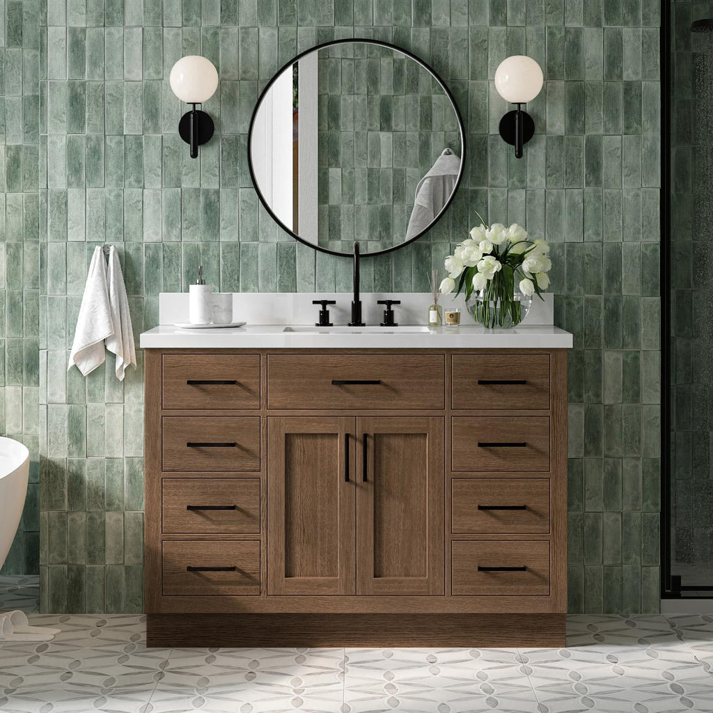 ARIEL Hepburn 48-inch Bathroom Vanity with Sink,Solid Wood, 1.5-inch Pure White Quartz Countertop, Single Rectangular Porcelain Sink, 2 Soft Closing Doors, 9 Dovetail Drawers, Brown Oak