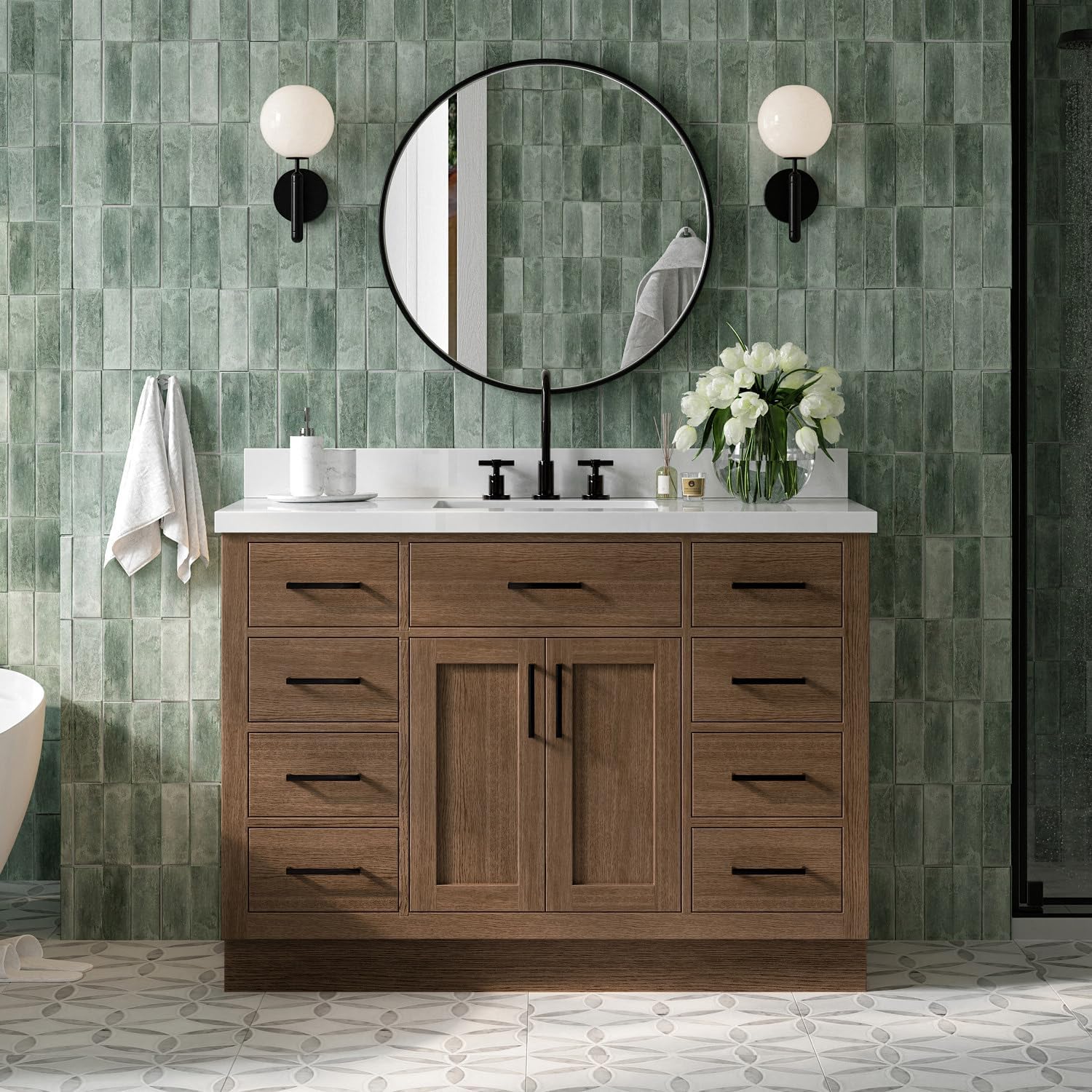ARIEL Hepburn 48-inch Bathroom Vanity with Sink,Solid Wood, 1.5-inch Pure White Quartz Countertop, Single Rectangular Porcelain Sink, 2 Soft Closing Doors, 9 Dovetail Drawers, Brown Oak