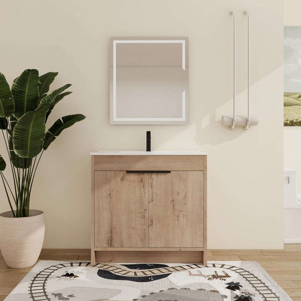 Malwee 36 Inch Freestanding Bathroom Vanity with Sink, 36'' Floor Standing Bathroom Vanity, Modern Vanity with 2 Doors and White Ceramic Basin Sink Top (024-36)