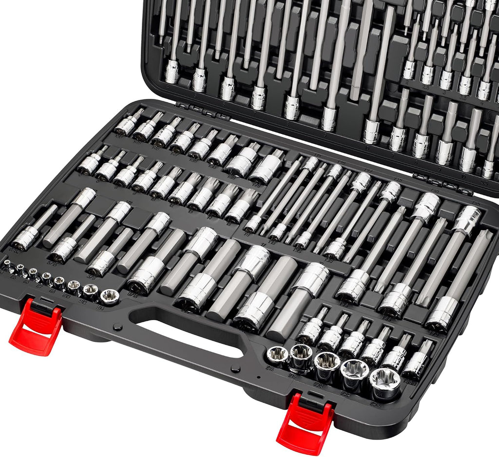 CARBYNE 114-Piece Master Metric & SAE Hex (Allen), Torx and XZN Triple Square Bit Socket Set | S2 Steel Bits, CrV Steel Sockets, Corrosion Resistance, Durable Case | 1/4', 3/8' & 1/2' Dr.