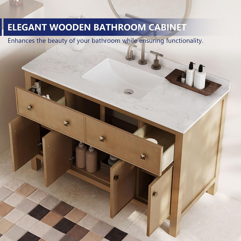 DeerValley 48' Bathroom Vanity, Pre-Assembled Vanity for Bathroom with Soft Closing and Splash Guard, Pre-drilled 3 Holes, Large Storage Space Cabinet, Natural Wood Color