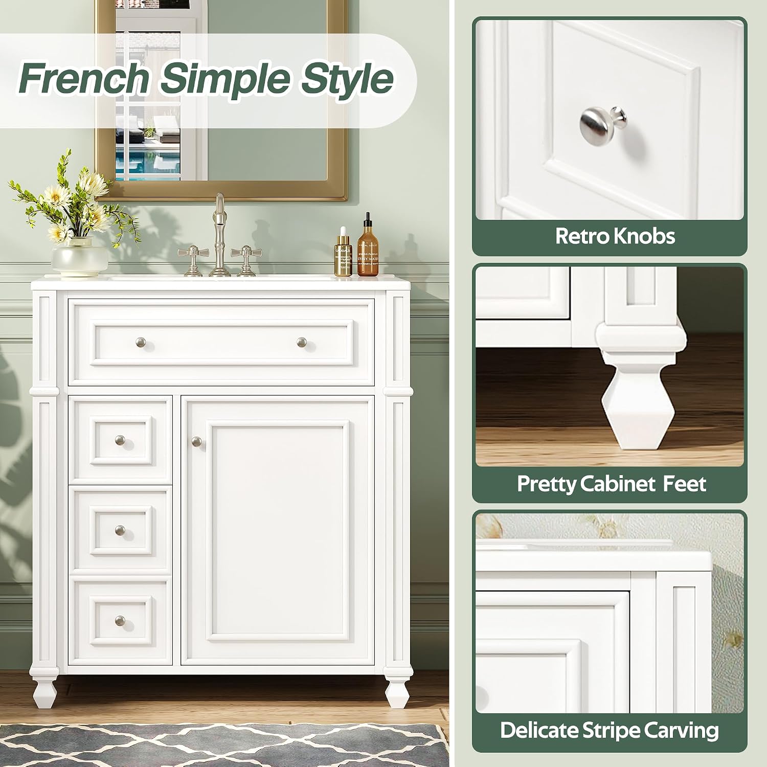 Merax 30' Bathroom Vanity with Sink, Modern Solid Wood Frame Bathroom Vanity Storage Cabinet with Adjustable Shelf, Ceramic Sink Top, Soft Closing Doors, 3 Drawers and Tip Out Drawer, White
