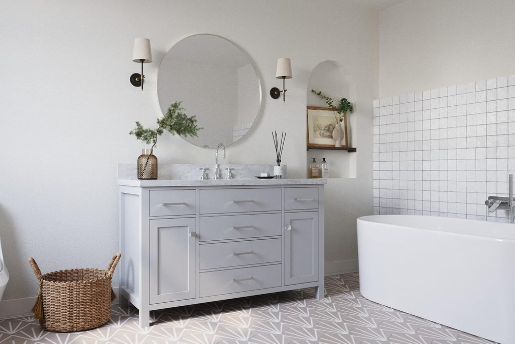 ARIEL Bristol 54-inch Bathroom Vanity with Sink,Solid Wood, 1.5-inch Italian Carrara Marble Countertop, Single Rectangular Porcelain Sink, 2 Soft Closing Doors, 5 Dovetail Drawers, Grey