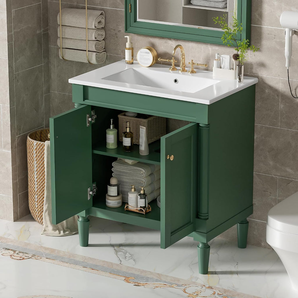 30' Vintage Bathroom Vanity with Sink & Countertop Mid-Century Retro Bathroom Vanity with 2 Soft-Close Doors Freestanding Bathroom Storage Cabinet with Roman Column Base & Metal Handles,Green