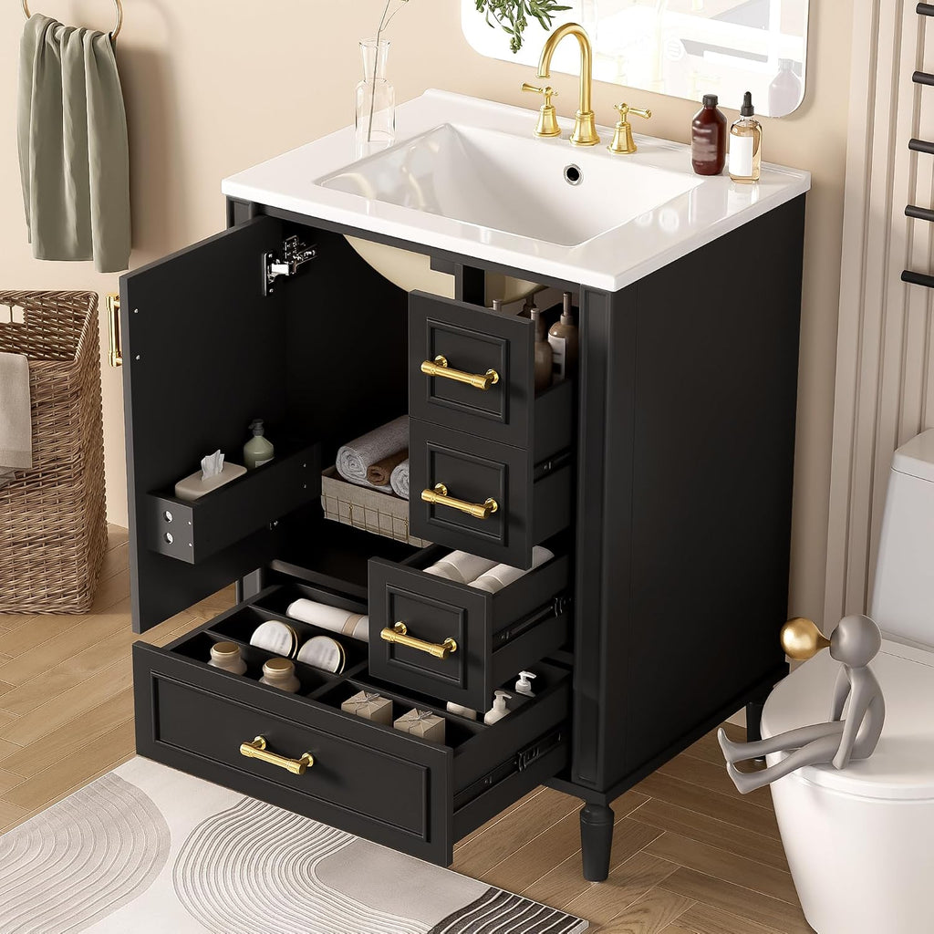 Harper & Bright Designs 24' Bathroom Vanity with Sink, Free-Standing Vanity Set with 3 Drawers in Different Sizes, Door-Mounted Rack, Wood Bathroom Cabinet with Ceramic Basin for Bathroom, Black