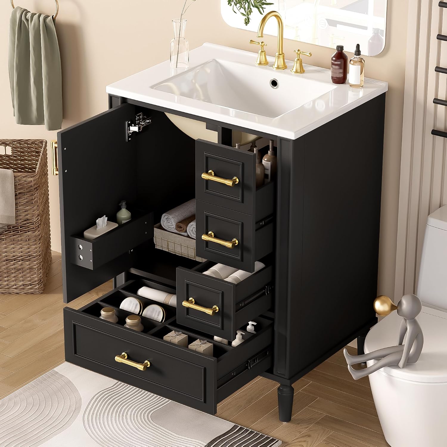 Harper & Bright Designs 24' Bathroom Vanity with Sink, Free-Standing Vanity Set with 3 Drawers in Different Sizes, Door-Mounted Rack, Wood Bathroom Cabinet with Ceramic Basin for Bathroom, Black