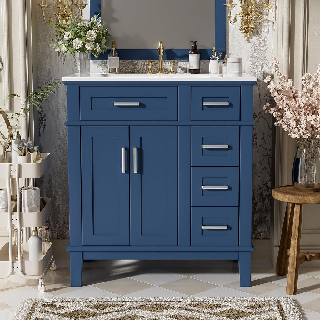 Harper & Bright Designs 30' Bathroom Vanity with Sink, Free Standing Single Basin Vanity Set with 2 Drawers, and Soft-Close Doors, Wood Bathroom Cabinet with Ceramic Basin for Bathroom, Blue