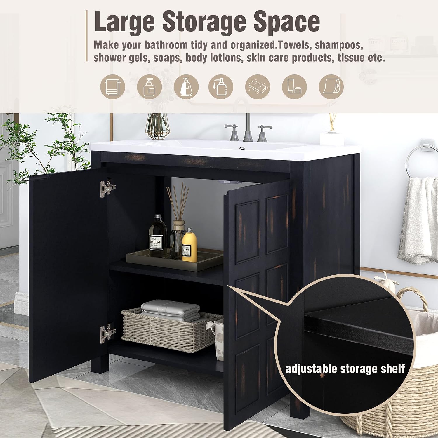 P PURLOVE 36' Bathroom Vanity with Sink Top Combo Set, Modern Single Bathroom Cabinet with Adjustable Shelf and Soft Closing Doors,Wood Frame