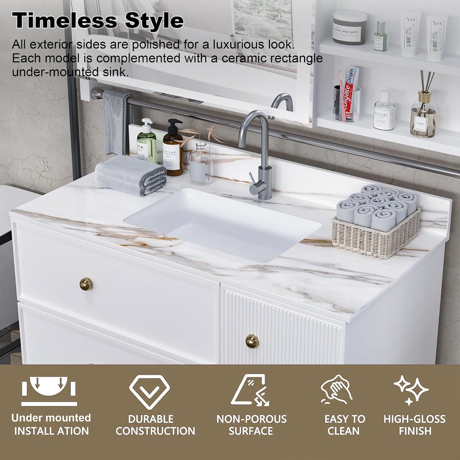 43 Inch Marble Vanity Top with Sink, Sintered Stone Vanity Sink Top with Undermount Ceramic Sink & Backsplash, Single Hole Countertops for Bathroom (Belly Golden)