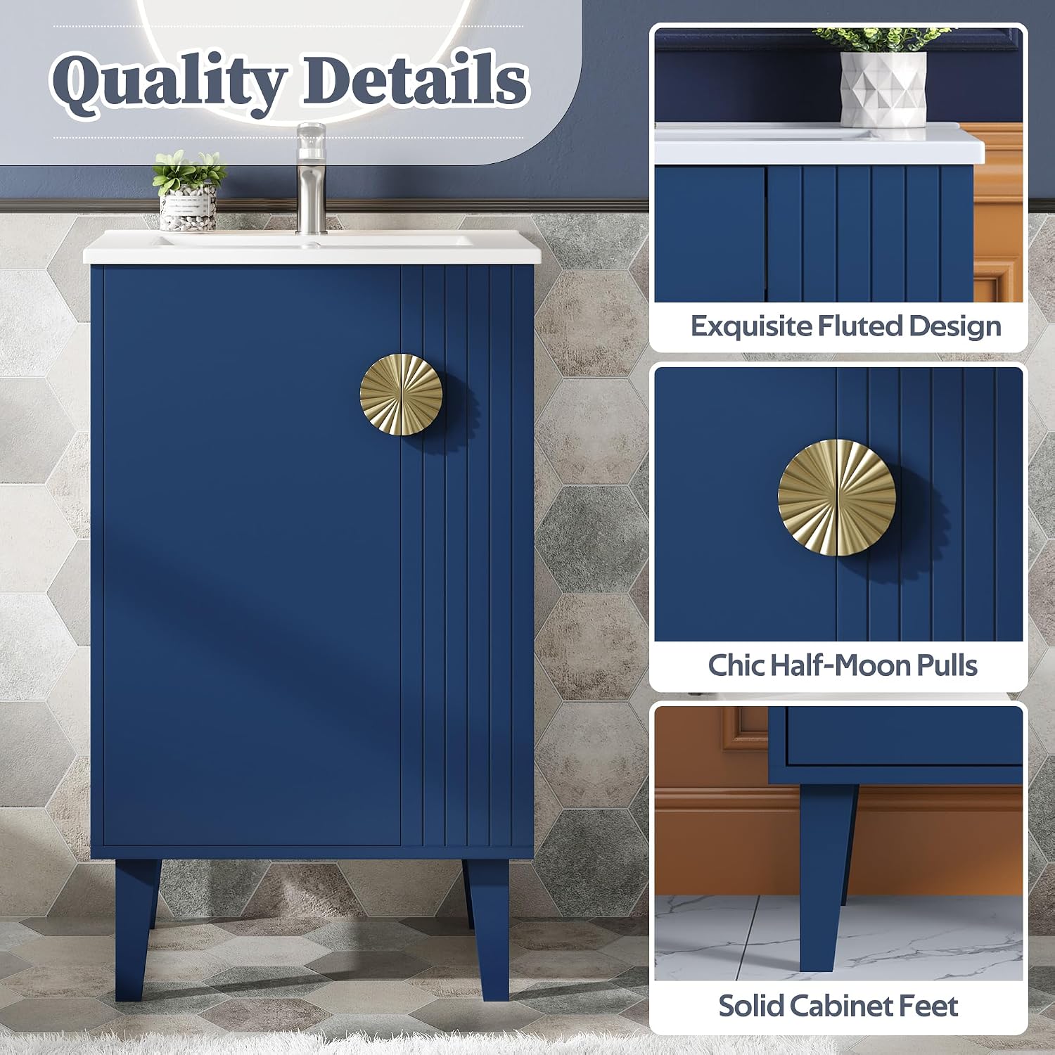 VilroCaz Modern 20'' Bathroom Vanity with Top Ceramic Sink, Freestanding Single Vanity Set Bathroom Storage Cabinet with Soft Closing Door, Chic Half-Moon Pulls (Blue-10.16)