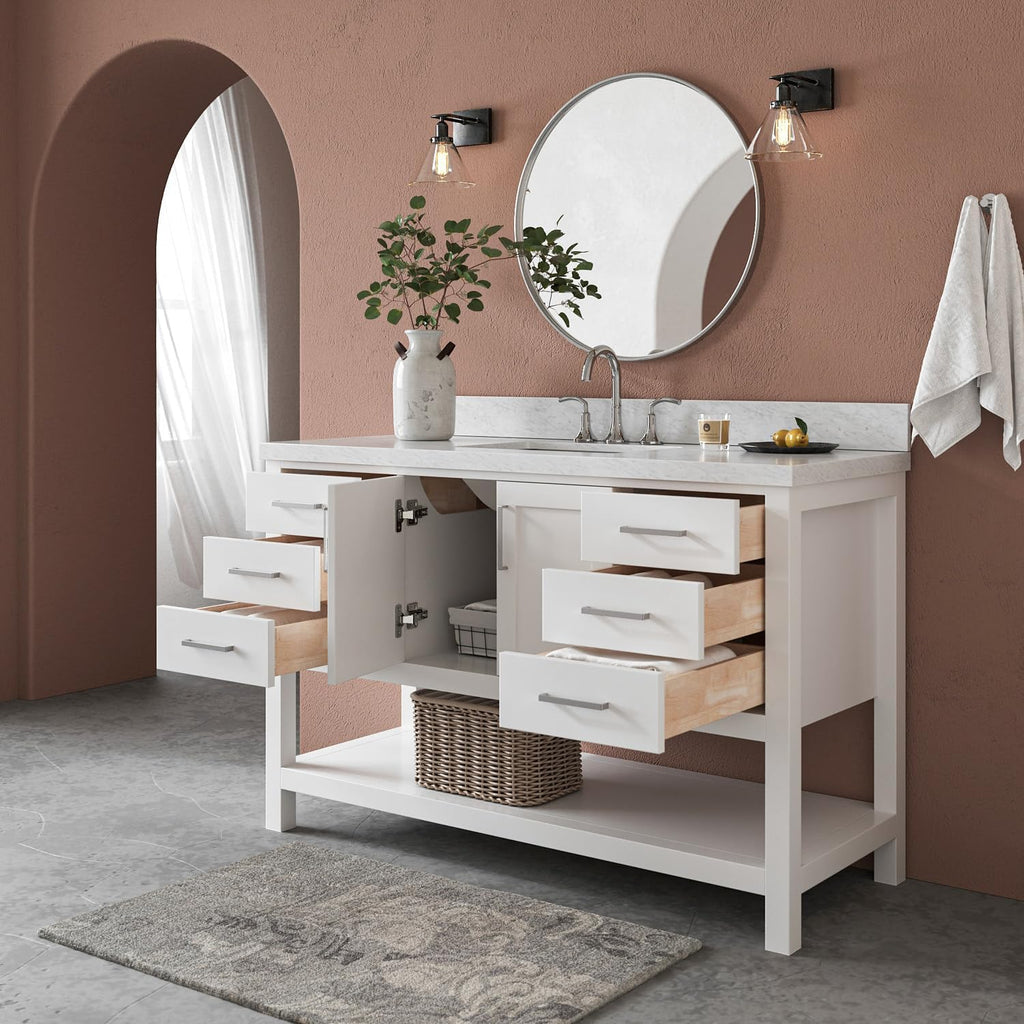 ARIEL Magnolia 54-inch Bathroom Vanity with Sink,Solid Wood, 1.5-inch Italian Carrara Marble Countertop, Single Rectangular Porcelain Sink, Soft Closing Doors, Dovetail Drawers, White