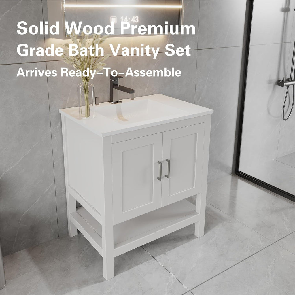 30' Bathroom Vanity with Sink – Freestanding Solid Wood Cabinet with Open Shelf, Soft-Close Doors, Matte White Resin Integrated Top (31' Top Included, White)